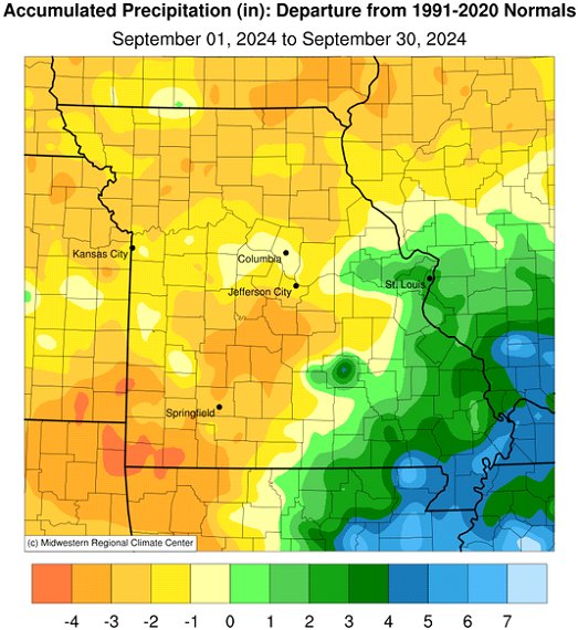 Accumulated Precipitation (in): Departure from 1991-2020 Normals September 01, 2024 to September 30, 2024