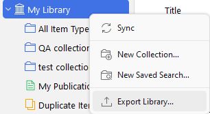 Right click menu showing Export library highlighted