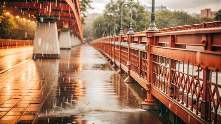 A view of a bridge with rain falling on it, creating a misty and atmospheric scene. The wet pavement and the blurred raindrops add to the sense of tranquility and solitude.の写真素材