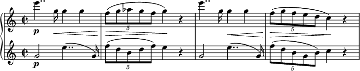 
{ \new PianoStaff <<
\new Staff \relative e''' { \set Staff.midiInstrument = #"piano" \key c \major \clef treble \time 2/2 \set Score.tempoHideNote = ##t \tempo 2 = 43
  e4.. \p g,16 \< g4 g4 | % 2
  \once \override TupletBracket #'stencil = ##f
  \times 4/5  {
    f8 \! \> ( g8 as8 g8 f8
  }
  g4 \! ) r4 | % 3
  e'4.. g,16 g4 \< g4 | % 4
  \once \override TupletBracket #'stencil = ##f
  \times 4/5  {
    f8 \! \> ( g8 f8 e8 d8
  }
  c4 \! ) r4
  }
\new Staff \relative g' { \set Staff.midiInstrument = #"piano" \key c \major \clef treble \time 2/2
  g2 \p e'4.. ( g,16 ) | % 2
  \once \override TupletBracket #'stencil = ##f
  \times 4/5  {
    f'8 ( d8 b8 d8 f8 )
  }
  e4 r4 | % 3
  g,2 e'4.. ( g,16 ) | % 4
  \once \override TupletBracket #'stencil = ##f
  \times 4/5  {
    f'8 ( d8 b8 g8 b8 )
  }
  c4 r4 }
>> }
