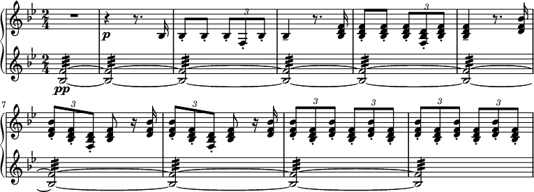 
{ \new PianoStaff <<
\new Staff \relative bes { \set Staff.midiInstrument = #"piano" \key bes \major \clef treble \time 2/4 \set Score.tempoHideNote = ##t \tempo 4 = 126
  R2 | % 2
  r4 \p r8. bes16 | % 3
  bes8 -. bes8 -. \once \override TupletBracket #'stencil = ##f
  \times 2/3  {
    bes8 -. f8 -. bes8 -.
  }
  | % 4
  bes4 -- r8. <bes d f>16 | % 5
  <bes d f>8 -. <bes d f>8 -. \once \override TupletBracket #'stencil
  = ##f
  \times 2/3  {
    <bes d f>8 -. <f bes d>8 -. <bes d f>8 -.
  }
  | % 6
  <bes d f>4 -- r8. <d f bes>16 | % 7
  \once \override TupletBracket #'stencil = ##f
  \times 2/3  {
    <d f bes>8 -. <bes d f>8 -. <f bes d>8 -.
  }
  <bes d f>8 r16 <d f bes>16 | % 8
  \once \override TupletBracket #'stencil = ##f
  \times 2/3  {
    <d f bes>8 -. <bes d f>8 -. <f bes d>8 -.
  }
  <bes d f>8 r16 <d f bes>16 | % 9
  \once \override TupletBracket #'stencil = ##f
  \times 2/3  {
    <d f bes>8 -. <bes d f>8 -. <d f bes>8 -.
  }
  \once \override TupletBracket #'stencil = ##f
  \times 2/3  {
    <bes d f>8 -. <d f bes>8 -. <bes d f>8 -.
  }
  |
  \once \override TupletBracket #'stencil = ##f
  \times 2/3  {
    <d f bes>8 -. <bes d f>8 -. <d f bes>8 -.
  }
  \once \override TupletBracket #'stencil = ##f
  \times 2/3  {
    <bes d f>8 -. <d f bes>8 -. <bes d f>8 -.
  }
  }
\new Staff \relative bes { \set Staff.midiInstrument = #"piano" \key bes \major \clef treble \time 2/4
  <bes f'>2 \pp ~ :32 ~ | % 2
  <bes f'>2 ~ :32 ~ | % 3
  <bes f'>2 ~ :32 ~ | % 4
  <bes f'>2 ~ :32 ~ | % 5
  <bes f'>2 ~ :32 ~ | % 6
  <bes f'>2 ~ :32 ~ | % 7
  <bes f'>2 ~ :32 ~ | % 8
  <bes f'>2 ~ :32 ~ | % 9
  <bes f'>2 ~ :32 ~ | \barNumberCheck #10
  <bes f'>2 :32 }
>> }
