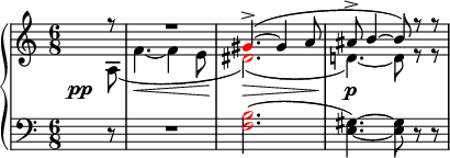 
    {
      \new PianoStaff <<
        \new Staff <<
            \new Voice \relative c'' {
                \clef treble \key a \minor \time 6/8
                \voiceOne \partial8 r8 R2. \once \override NoteHead.color = #red gis4.->(~ gis4 a8 ais8-> b4~ b8) r r
                }
            \new Voice \relative c' {
                \override DynamicLineSpanner.staff-padding = #4.5
                \once \override DynamicText.X-offset = #-5
                \voiceTwo \partial8 a\pp( f'4.~\< f4 e8 \once \override NoteHead.color = #red dis2.)(\> d!4.)~\p d8 r r
                }
            >>
        \new Staff <<
            \relative c {
                \clef bass \key a \minor \time 6/8
                \partial8 r8 R2. \once \override NoteHead.color = #red <f b>2.( <e gis>4.)~ <e gis>8 r r
                }
            >>
    >> }
