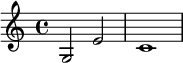 \relative c' { \time 4/4 \key c \major g2 e'2 c1 }