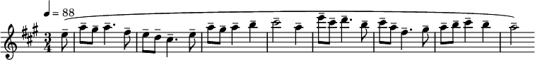 
\relative c'' { \set Staff.midiInstrument = #"flute"
  \tempo 4 = 88
  \key a \major
  \time 3/4
  \partial8 e8--( a-- gis-- a4.-- fis8-- e-- d-- cis4.-- e8-- a-- gis-- a4-- b-- cis2-- a4-- e'8-- cis-- d4.-- b8-- cis-- a-- fis4.--
  gis8-- a-- b-- cis4-- b-- a2--)
}
