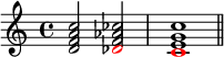  { 
\new Staff <<
\new Voice \relative c' {
  \clef treble \key c \major \time 4/4 
  \override NoteColumn.force-hshift = #1 \override NoteHead.color = #red s2 des \override NoteColumn.force-hshift = #0.5 c1
} 
\new Voice \relative c' {
  \clef treble \key c \major \time 4/4 
  <d f a c>2 <f aes ces> <e g c>1 \bar "||"
}
>> }
