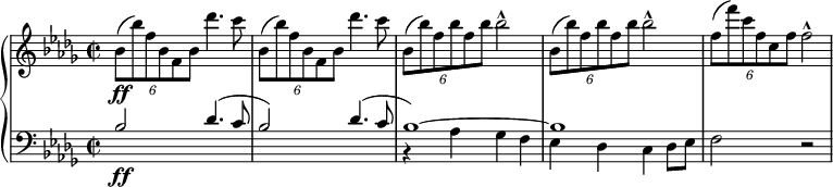 
{ \new PianoStaff <<
\new Staff \relative bes' { \set Staff.midiInstrument = #"piano" \key bes \minor \clef treble \time 2/2 \set Score.tempoHideNote = ##t \tempo 2 = 50
  \once \override TupletBracket #'stencil = ##f
  \times 4/6  {
    bes8 \ff ( bes'8 ) f8 bes,8 f8 bes8
  }
  des'4. c8 | % 2
  \once \override TupletBracket #'stencil = ##f
  \times 4/6  {
    bes,8 ( bes'8 ) f8 bes,8 f8 bes8
  }
  des'4. c8 | % 3
  \noBreak \once \override TupletBracket #'stencil = ##f
  \times 4/6  {
    bes,8 ( bes'8 ) f8 bes8 f8 bes8 \noBreak
  }
  bes2 ^^ | % 4
  \noBreak \once \override TupletBracket #'stencil = ##f
  \times 4/6  {
    bes,8 ( bes'8 ) f8 bes8 f8 bes8
  }
  bes2 ^^ | % 5
  \once \override TupletBracket #'stencil = ##f
  \times 4/6  {
    f8 ( f'8 ) c8 f,8 c8 f8
  }
  f2 ^^
  }
  \new Staff {  \set Staff.midiInstrument = #"piano"
  <<
    \new Voice \relative bes {
  \clef "bass" \key bes \minor \stemUp \time 2/2
  bes2 des4. ^( c8 | % 2
  bes2 ) des4. ^( c8 | % 3
  bes1 ) ~ | % 4
  bes1 | % 5
  }
  \relative as {
  \clef "bass" \key bes \minor \stemDown \time 2/2 s1*2 \ff | % 3
  r4 as4 ges4 f4 | % 4
  es4 des4 c4 des8 es8 | % 5
  f2 r2 } >> }
>> }
