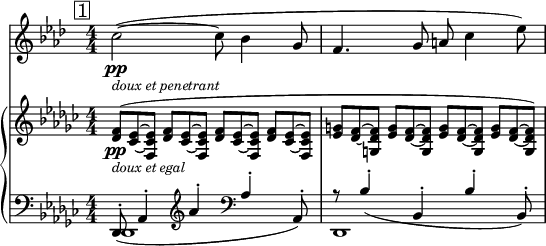 
<<
    \new Staff="clar" \relative c'' {
      \set Staff.midiInstrument = #"clarinet"
      \transposition bes
      \clef treble
      \numericTimeSignature
      \time 4/4
      \key aes \major
      \mark \markup { \box "1" }
      c2~\pp_\markup { \italic \small "doux et penetrant" }( c8 bes4 g8 | f4. g8 a c4 ees8)
    }
    \new PianoStaff {
      <<
        \new Staff="one" \relative c' {
          \clef treble
          \key ges \major
          \numericTimeSignature
          \time 4/4
          \slurUp
          \override TupletNumber #'stencil = ##f
          \times 2/3 {<< f8(\pp_\markup { \italic \small "doux et egal" } des >> << ees8~ ces~ >> << ees8 ces f, >> }
          \repeat unfold 3 \times 2/3 {<< f'8 des >> << ees8~ ces~ >> << ees8 ces f, >> }
          \repeat unfold 3 \times 2/3 {<< g'8 ees >> << f8~ des~ >> << f8 des g, >> }
          \times 2/3 {<< g'8 ees >> << f8~ des~ >> << f8) des g, >> }
          \slurNeutral
        }
        \new Staff="two" \relative c, {
          \clef bass
          \key ges \major
          \numericTimeSignature
          \time 4/4
          <<
            { \slurDown
              des8-.( aes'4-. \clef treble aes''4-. \clef bass aes,-. aes,8-.) |
              r8 bes'4-.( bes,-. bes'-. bes,8-.)
              \slurNeutral } \\
            { des,1 | des1 }
          >>
        }
      >>
    }
  >>
