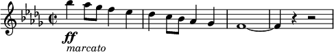 
{ \new PianoStaff <<
\new Staff \relative bes'' { \set Staff.midiInstrument = #"piano" \key bes \minor \clef treble \time 2/2 \set Score.tempoHideNote = ##t \tempo 2 = 65
  bes4 \ff _\markup{ \italic {marcato} } as8 ges8 f4 es4 | % 2
  des4 c8 bes8 as4 ges4 | % 3
  f1 ~ | % 4
  f4 r4 r2
  }
>> }
