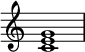 
{
\override Score.TimeSignature #'stencil = ##f
\relative c' {
   \clef treble
   \time 4/4
   \key c \major
   <c e g>1
} }
