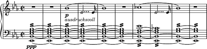 
{ \new PianoStaff <<
\new Staff \relative bes' { \set Staff.midiInstrument = #"piano" \key es \major \clef treble \time 2/2 \set Score.tempoHideNote = ##t \tempo 2 = 60
  R1*2 | % 3
  bes1 \p _\markup{ \italic{ ausdrucksvoll} } ( | % 4
  es,2... es16 | % 5
  bes'1 ) | % 6
  R1 | % 7
  ces1 ( | % 8
  es,2... es16 | % 9
  bes'1 )
  r1
  }
\new Staff \relative es, { \set Staff.midiInstrument = #"piano" \key es \major \clef bass \time 2/2
  <es bes' es g bes>1 \ppp ~ :16 ~ ~ ~ ~ | % 2
  <es bes' es g bes>1 ~ :16 ~ ~ ~ ~ | % 3
  <es bes' es g bes>1 ~ :16 ~ ~ ~ ~ | % 4
  <es bes' es g bes>1 ~ :16 ~ ~ ~ ~ | % 5
  <es bes' es g bes>1 ~ :16 ~ ~ ~ ~ | % 6
  <es bes' es g bes>1 ~ :16 ~ | % 7
  <es bes' f' as es'>1 ~ :16 ~ ~ ~ | % 8
  <es bes' f' as ces>1 ~ :16 ~ | % 9
  <es bes' g' bes>1 ~ :16 ~ | 
  <es bes' g' bes>1 :16 }
>> }
