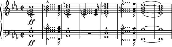 
\relative c' {
  \new PianoStaff <<
    \new Staff {
      \set Staff.midiInstrument = #"brass section" \key es \major \clef treble \time 2/2 \set Score.tempoHideNote = ##t \tempo 2 = 50
      <c e g c>1 \ff _^ |
      <g' b d>2... ^^ <g b d>16 |
      <c, e g c e>1 _^ |
      <c e g>2... _^ <c e g>16 |
      <des f bes des f>1 _^ |
      <f a f'>2... ^^ <f a f'>16 |
      \set doubleSlurs = ##t
      <es g bes es>1 ^( ~ |
      <d g bes d>1 ) |
    }
    \new Staff {
      \set Staff.midiInstrument = #"brass section" \key es \major \clef bass \time 2/2
      <c, g'>1 \ff ^^ |
      <g g' b d>2... ^^ <g g' b d>16 |
      <c g'>1 ^^ |
      R1 |
      <bes f'>1 ^^ |
      <f f' c'>2... ^^ <f f' c'>16 |
      <g bes'>1 ~ |
      <g bes'>1 |
    }
  >>
}
