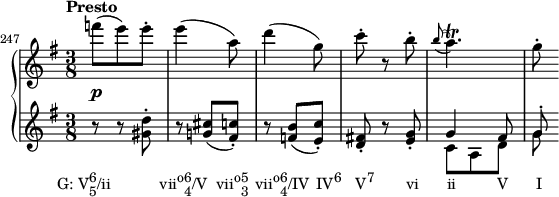  {
      \set Score.proportionalNotationDuration = #(ly:make-moment 1/12)
      \new PianoStaff <<
        \new Staff <<
            \relative c''' {
                \set Score.currentBarNumber = #247
                \bar ""
                \tempo "Presto"
                \key g \major \time 3/8
                \override DynamicLineSpanner.staff-padding = #2
                f8(\p e) e-.
                e4( a,8)
                d4( g,8)
                c8-. r b-.
                \grace { b8( } a4.)\trill
                g8-.
                }
            >>
        \new Staff <<
            \new Voice \relative c'' {
                \key g \major \time 3/8
                r8_\markup { \concat { \translate #'(-5 . 0) { "G: V" \combine \raise #1 \small 6 \lower #1 \small 5 "/ii" \hspace #7 "vii" \raise #1 \small "o" \combine \raise #1 \small 6 \lower #1 \small 4 "/V" \hspace #1.2 "vii" \raise #1 \small "o" \combine \raise #1 \small 5 \lower #1 \small 3 \hspace #1 "vii" \raise #1 \small "o" \combine \raise #1 \small 6 \lower #1 \small 4 "/IV" \hspace #1 "IV" \raise #1 \small "6" \hspace #2 "V" \raise #1 \small "7" \hspace #4.5 "vi" \hspace #4 "ii" \hspace #5.8 "V" \hspace #4 "I" } } }
                r <gis d'>-.
                r <g! cis>( <fis c'>-.)
                r <f b>( <e c'>-.)
                <d fis!>-. r <e g>-.
                \stemUp g4 fis8
                g^.
                }
            \new Voice \relative c' {
                \stemDown
                s4. s s s
                c8 a d g
                }
            >>
    >> }
