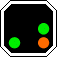 zwei grüne Lichter schräg nach rechts steigend und lotrecht unter dem rechten ein brandgelbes Licht