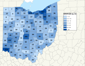 Distribuição de NRHPs nos condados de Ohio.