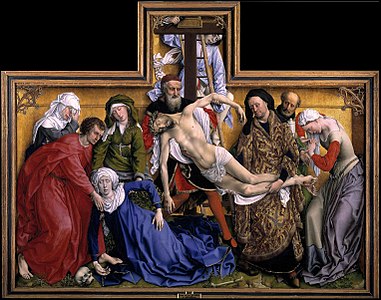 A Deposição da Cruz, Rogier van der Weyden (1435; no Museu do Prado) - Maria desfalecendo durante a Deposição da Cruz, uma das formas da "Lamentação".