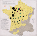 La Carte figurative et approximative des quantités de viandes de boucherie envoyées sur pied par les départements et consommées à Paris[8] (1858) utilise des diagrammes circulaires.