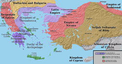 Ang Impeyong Latin, Imperyo ng Nicaea, Imperyo ng Trebizond, at ang Despotate ng Epirus. Ang mga hanggan ay possibleng di eksakto.