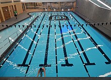 This is a photograph of the indoor pool located in Pridham Hall, a gymnasium and multi-sport facility.