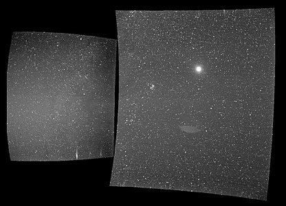 The view from the probe's WISPR instrument on Sept. 25, 2018, shows Earth, the bright sphere near the middle of the right-hand panel. The elongated mark toward the bottom of the panel is a lens reflection from the WISPR instrument[90]