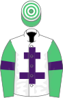 White, purple cross of lorraine, emerald green sleeves, purple armlets, emerald green and white hooped cap