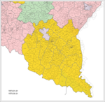 Podział administracyjny powiatu bieszczadzkiego (kolor żółty) w okresie od 1973-01-01 do 1975-05-31 (od reaktywowania gmin do zniesienia powiatu)