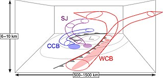 Diagram of fronts and airstreams associated with an extratropical cyclone in the Northern Hemisphere as viewed from an oblique angle