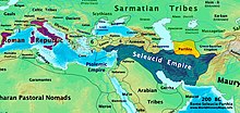 A map where the territories of the Roman Republic (modern Italy, southeastern Spain and northwestern Greece) are shaded dark purple, while the territories of the Seleucid Empire (southern Turkey, Iraq, Syria and most of Iran) are shaded blue