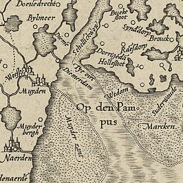 De geul Pampus in 1628, kaartnoorden rechts