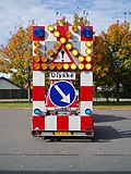 A portable multipurpose traffic warning array in Denmark, displaying Ulykke ("accident") and "keep right"