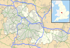 Mapa konturowa West Midlands, po lewej znajduje się punkt z opisem „West Bromwich”