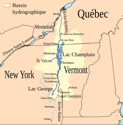 Carte du lac Champlain avec la baie Missisquoi dans le coin nord-est du lac.