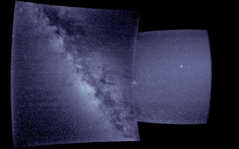 WISPR first light image. The right portion of the image is from WISPR's inner telescope, which is a 40-degree field of view and begins 58.5 degrees from the Sun's center. The left portion is from the outer telescope, which is a 58-degree field of view and ends about 160 degrees from the Sun.[89]