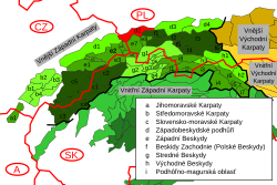 Vnější Západní Karpaty, Slezské podhůří vyznačeno červeným polem