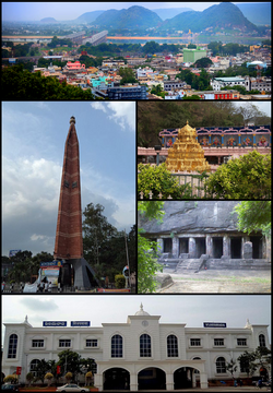 Clockwise from Top Left: Vijayawada City View, Kanakadurga Temple on Indrakeeladri, Akkanna and Madanna Caves, Vijayawada Junction Railway Station, VMC Pylon