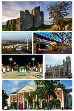 Clockwise from top: Castle Roche, Clarke Station, St. Patrick's Church, The Marshes Shopping Centre, Market Square, Dundalk Institute of Technology