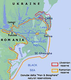 The natural reservations of the Danube delta (red: in Ukraine; yellow/red: in Romania)