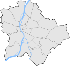 Mapa konturowa Budapesztu, u góry nieco na lewo znajduje się punkt z opisem „Illovszky Rudolf Stadion”