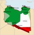 Image 42Territorial growth of Italian Libya: Territory ceded by Ottoman Empire 1912 (dark-green) but effectively Italy controlled only five ports (black), territories ceded by France and Britain 1919 and 1926 (light-green), territories ceded by France and Britain 1934/35 (red) (from History of Libya)