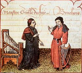 Dufay met orgel en Gilles Binchois met harp op een miniatuur uit 1451, Champion des Dames, BnF, fr. 12476