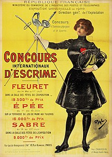 Affiche sur fond jaune représentant une femme habillée en noir et tenant les trois armes de l'escrime. Après le titre « Concours internationaux d'escrime », le texte annonce les dates, lieux et prix des épreuves au fleuret, à l'épée et au sabre.