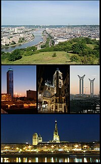 Top:View of Downtown Rouen and Seine River from Bois Bagneres Hill, Middle left:Twilightview of Archives department of Seine Maritime building, Center:Nightview of Gros-Horloge, Middle right:Gustave-Flaobert Bridge, Bottom:Nightview of Rouen Norte-Dame Cathedral and Seine River