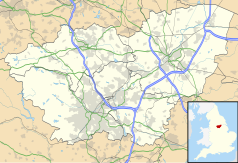 Mapa konturowa South Yorkshire, u góry nieco na prawo znajduje się punkt z opisem „Woodlands”