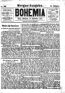 Titulní strana deníku Bohemia z 29. září 1909 s článkem Franze Kafky