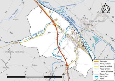 Carte en couleur présentant le réseau hydrographique de la commune