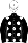 Black, white spots, black sleeves, white cap