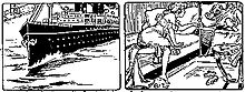 Two panles from a comic strip. In the first panel, a nurse watches as a young boy urinates, and an ocean liner tavels through the mass of urine. In the second panel, the nurse awakens in her bed to the child's crying.