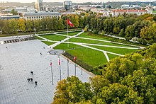 Aerial view of a large square