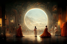 Impressionistic image of figures in a futuristic opera scene