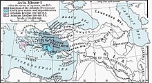 A world map showing parts of Eastern Europe, the Middle East and North Africa, centred on Asia Minor and Greece. Pergamum is marked in dark blue, Rhodes in navy blue, the Achaean league in dark and light purple, the Achaean League in two shades of light blue; the latter two using the differing colors to show their territorial changes between the map's time period of 220/280 BC - 160 BC. Galatia is to the top centre of Pergamum.