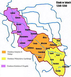 Раздзел Сілезіі ў 1248—1249 гадах. Лягніцкае княства вылучана пурпурным колерам